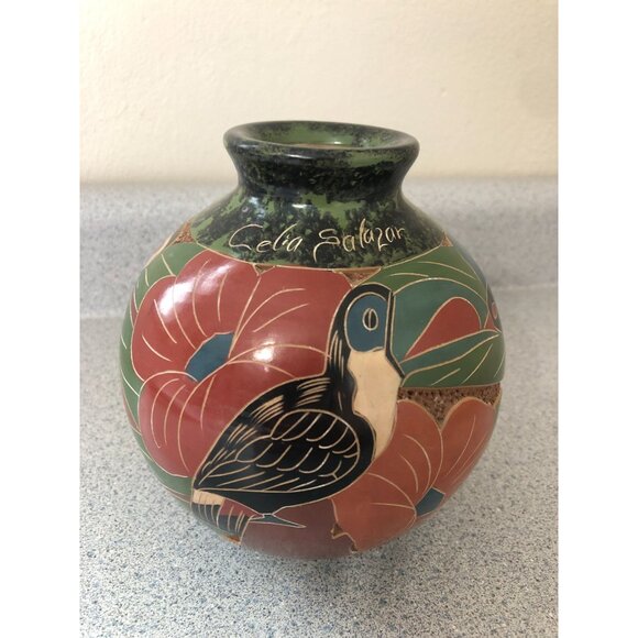 Celia Salazar Hand Carved Etched Clay Vase Toucan Monkey Butterfly Tropical 6" A - Picture 2 of 8